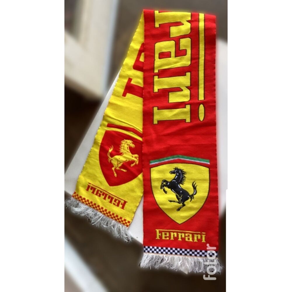 Official Ferrari Reversible Scarf Red/Yellow Logo Racing Checkered Flag Fringe